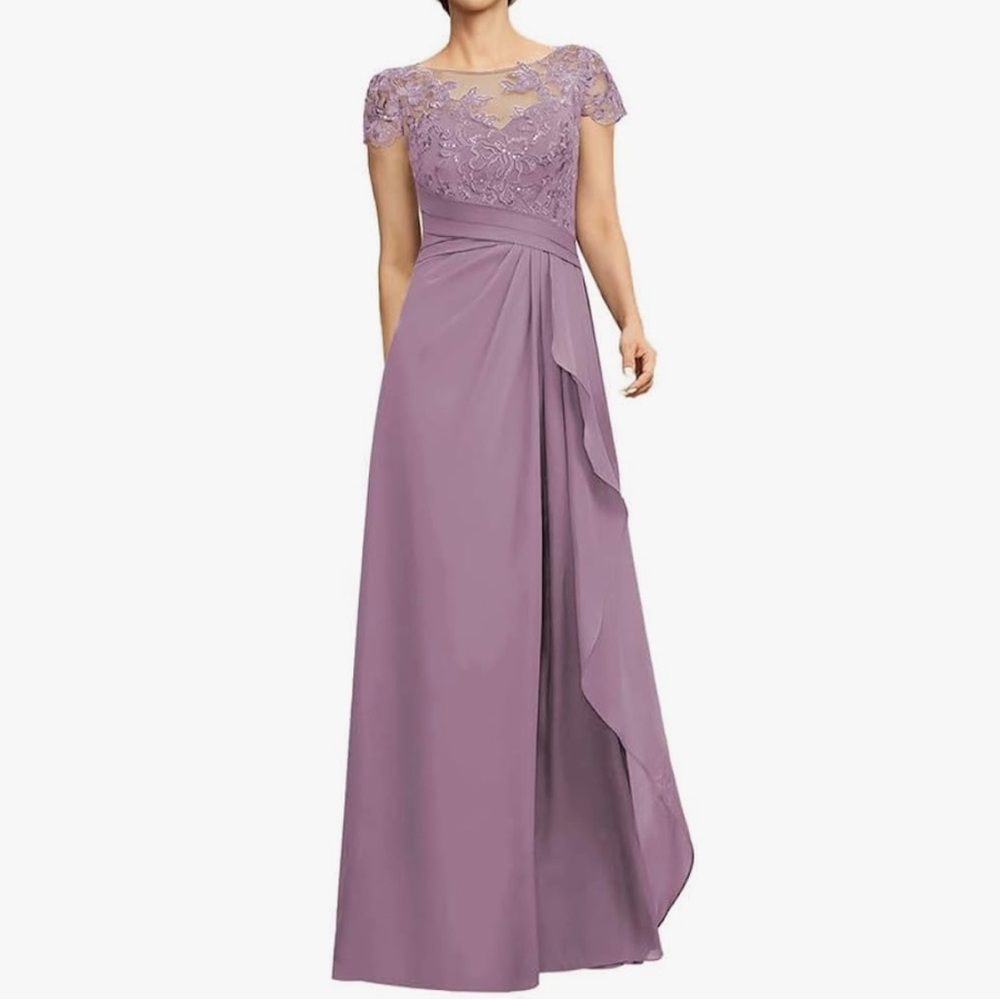 Beaded Sequin Short Sleeve Lace Appliqué Ruched Gown